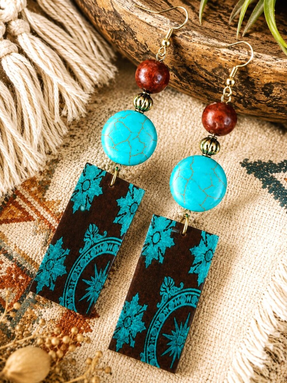 Artisan Hand Crafted Boho Turquoise Mandala Earrings Mahogany Wood Bead Dangle